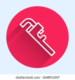 Icono de llave regulable de la tubería blanca aislado con una sombra larga. Botón de círculo rojo.  Ilustración vectorial