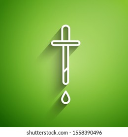 White line Pipette icon isolated on green background. Element of medical, chemistry lab equipment. Pipette with drop. Medicine symbol.  Vector Illustration