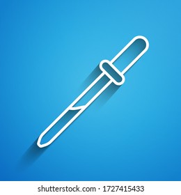 White line Pipette icon isolated on blue background. Element of medical, chemistry lab equipment. Medicine symbol. Long shadow. Vector Illustration