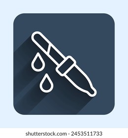 White line Pipette icon isolated with long shadow background. Element of medical, chemistry lab equipment. Medicine symbol. Blue square button. Vector