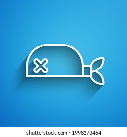 White line Pirate bandana for head icon isolated on blue background. Long shadow. Vector