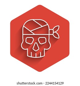 White line Pirate captain icon isolated with long shadow background. Red hexagon button. Vector