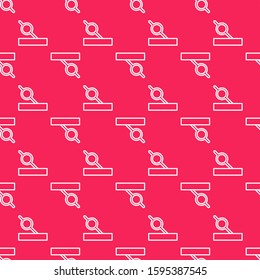 White line Pirate eye patch icon isolated seamless pattern on red background. Pirate accessory.  Vector Illustration