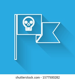 White line Pirate flag with skull icon isolated with long shadow.  Vector Illustration