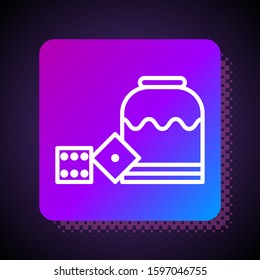 White line Pirate game dice icon isolated on black background. Casino gambling. Square color button. Vector Illustration