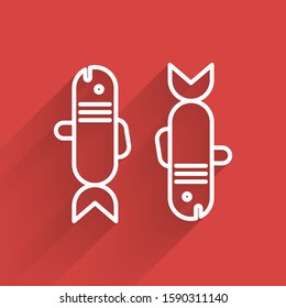 White line Pisces zodiac sign icon isolated with long shadow. Astrological horoscope collection.  Vector Illustration