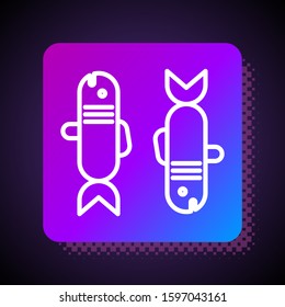White line Pisces zodiac sign icon isolated on black background. Astrological horoscope collection. Square color button. Vector Illustration