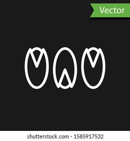 White line Pistachio nuts icon isolated on black background.  Vector Illustration