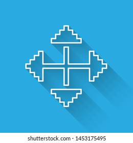 White line Pixel arrows in four directions icon isolated with long shadow. Cursor move sign.  Vector Illustration