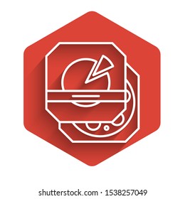 White line Pizza in cardboard box icon isolated with long shadow. Box with layout elements. Red hexagon button. Vector Illustration