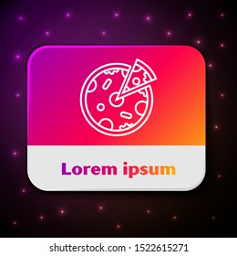 White line Pizza icon isolated on black background. Fast food menu. Rectangle color button. Vector Illustration