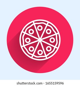 White line Pizza icon isolated with long shadow. Fast food menu. Red circle button. Vector Illustration