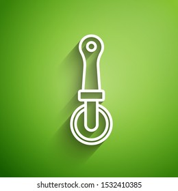 White line Pizza knife icon isolated on green background. Pizza cutter sign. Steel kitchenware equipment.  Vector Illustration