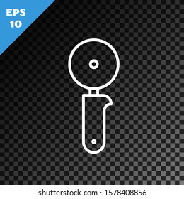 White line Pizza knife icon isolated on transparent dark background. Pizza cutter sign. Steel kitchenware equipment.  Vector Illustration