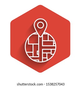 White line Placeholder on map paper in perspective icon isolated with long shadow. Red hexagon button. Vector Illustration