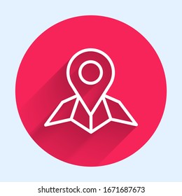 White line Placeholder on map paper in perspective icon isolated with long shadow. Red circle button. Vector Illustration