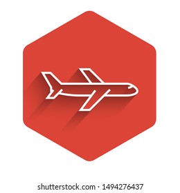 White line Plane icon isolated with long shadow. Flying airplane icon. Airliner sign. Red hexagon button. Vector Illustration