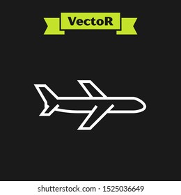 White line Plane icon isolated on black background. Flying airplane icon. Airliner sign.  Vector Illustration