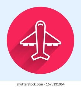 Icono de Plano blanco aislado con sombra larga. Icono de avión volador. Signo del avión. Botón de círculo rojo.  Ilustración vectorial