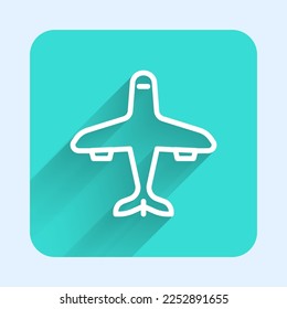 White line Plane icon isolated with long shadow. Flying airplane icon. Airliner sign. Green square button. Vector