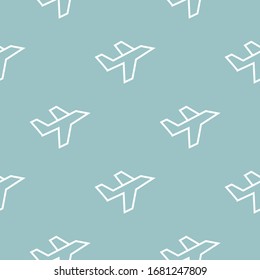 White line Plane icon - seamless pattern on blue background. Flying airplane icon. Airliner sign. Vector Illustration