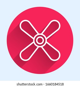 White line Plane propeller icon isolated with long shadow. Vintage aircraft propeller. Red circle button. Vector Illustration
