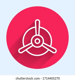 Icono de hélice de línea blanca Plano aislado con sombra larga. Hélice de avión vintage. Botón de círculo rojo. Ilustración vectorial