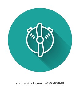 White line Plane propeller icon isolated with long shadow background. Vintage aircraft propeller. Green circle button. Vector