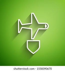 White line Plane with shield icon isolated on green background. Flying airplane. Airliner insurance. Security, safety, protection, protect concept.  Vector Illustration