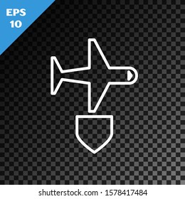 White line Plane with shield icon isolated on transparent dark background. Flying airplane. Airliner insurance. Security, safety, protection, protect concept.  Vector Illustration