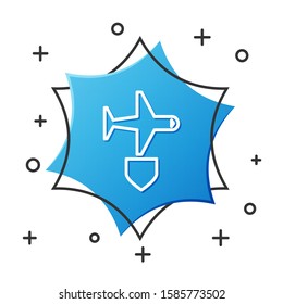 White line Plane with shield icon isolated on white background. Flying airplane. Airliner insurance. Security, safety, protection, protect concept. Blue hexagon button. Vector Illustration