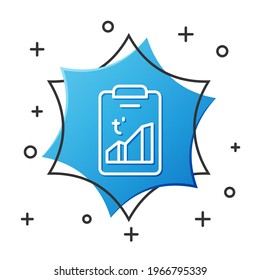White line Planet earth melting to global warming icon isolated on white background. Ecological problems and solutions - thermometer. Blue hexagon button. Vector