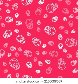 White line Planet earth and radiation symbol icon isolated seamless pattern on red background. Environmental concept.  Vector