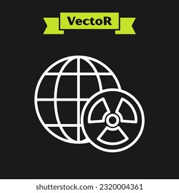 White line Planet earth and radiation symbol icon isolated on black background. Environmental concept.  Vector