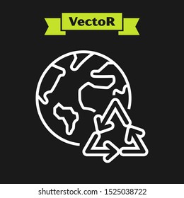 White line Planet earth and a recycling icon isolated on black background. Environmental concept.  Vector Illustration