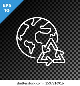 White line Planet earth and a recycling icon isolated on transparent dark background. Environmental concept.  Vector Illustration