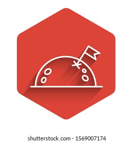 White line Planet with flag icon isolated with long shadow. Red hexagon button. Vector Illustration