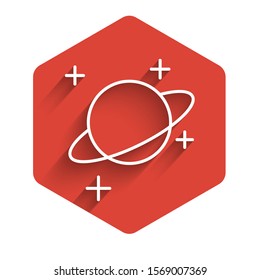White line Planet icon isolated with long shadow. Red hexagon button. Vector Illustration