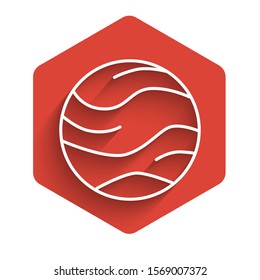 White line Planet icon isolated with long shadow. Red hexagon button. Vector Illustration