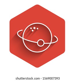 White line Planet icon isolated with long shadow. Red hexagon button. Vector Illustration