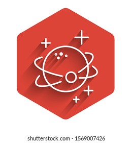 White line Planet icon isolated with long shadow. Red hexagon button. Vector Illustration