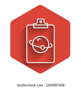 White line Planet icon isolated with long shadow. Red hexagon button. Vector Illustration