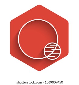 White line Planet icon isolated with long shadow. Red hexagon button. Vector Illustration