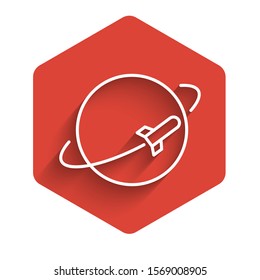 White line Planet icon isolated with long shadow. Red hexagon button. Vector Illustration