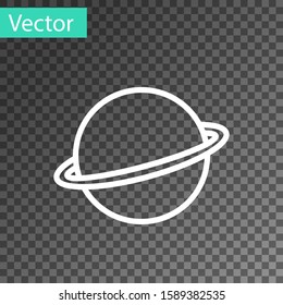 White line Planet Saturn with planetary ring system icon isolated on transparent background.  Vector Illustration