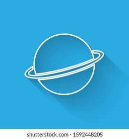 White line Planet Saturn with planetary ring system icon isolated with long shadow.  Vector Illustration