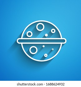 White line Planet Venus icon isolated on blue background. Long shadow. Vector Illustration