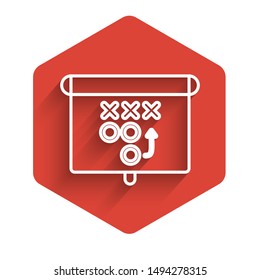 White line Planning strategy concept icon isolated with long shadow. Soccer or american football cup formation and tactic. Red hexagon button. Vector Illustration