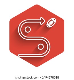 White line Planning strategy concept icon isolated with long shadow. Soccer or american football cup formation and tactic. Red hexagon button. Vector Illustration