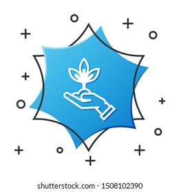 White line Plant in hand of environmental protection icon isolated on white background. Seed and seedling. Planting sapling. Ecology concept. Blue hexagon button. Vector Illustration